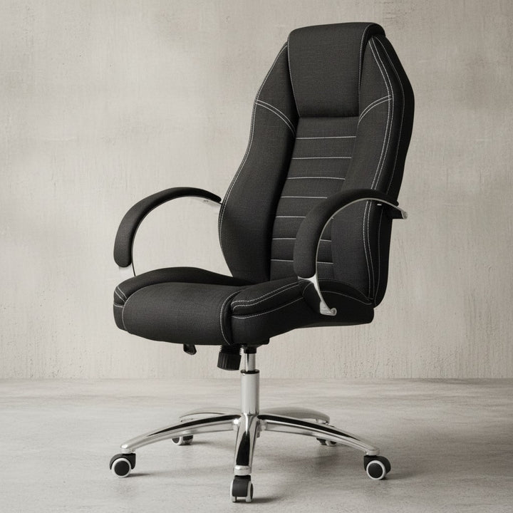 Bürodrehstuhl Jeansoptik_ Modernes Design_ weiche Polsterung_ Wippmechanik_ Nacken- und Kopfunterstützung_ großes Fußkreuz_ 120 kg Belastbarkeit - KADIMA DESIGN_Größe_ 69x65x122 cm_