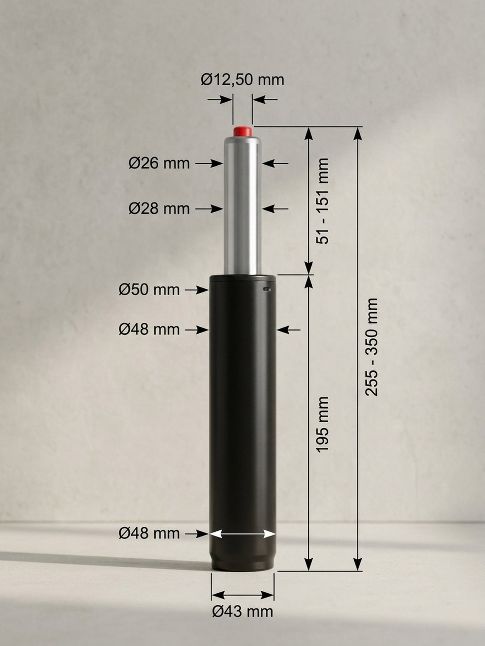 Die bemaßte technische Zeichnung veranschaulicht exakt die Einbaumaße der schwarzen Gasdruckfeder mit 195 mm Gehäuselänge, Chrom-Kolben und allen relevanten Durchmessern._