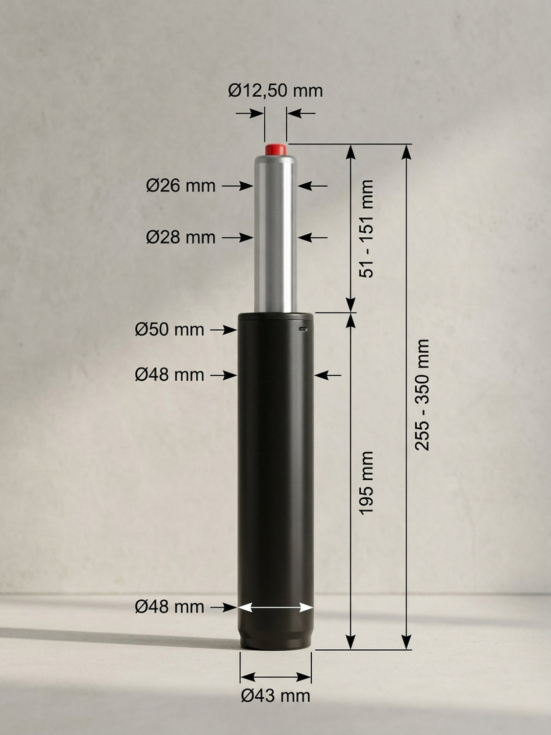 Die bemaßte technische Zeichnung veranschaulicht exakt die Einbaumaße der schwarzen Gasdruckfeder mit 195 mm Gehäuselänge, Chrom-Kolben und allen relevanten Durchmessern._