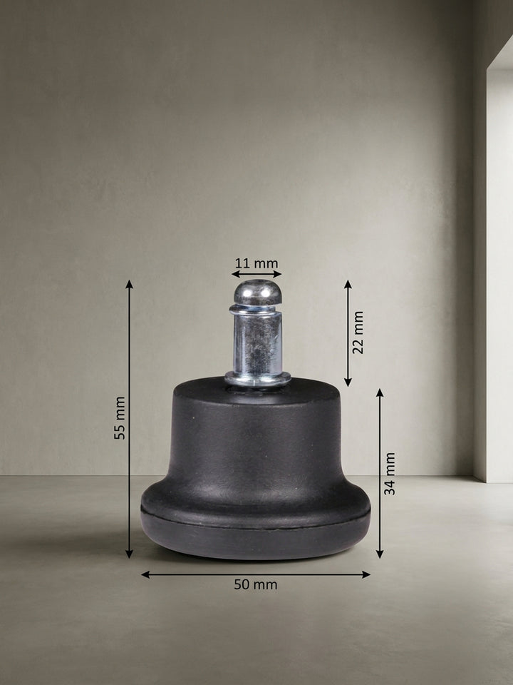 Technische Zeichnung des Bodengleiters mit exakten Maßangaben: 50mm Durchmesser am Boden, 55mm Gesamthöhe und 11mm Pin für perfekte Passgenauigkeit._