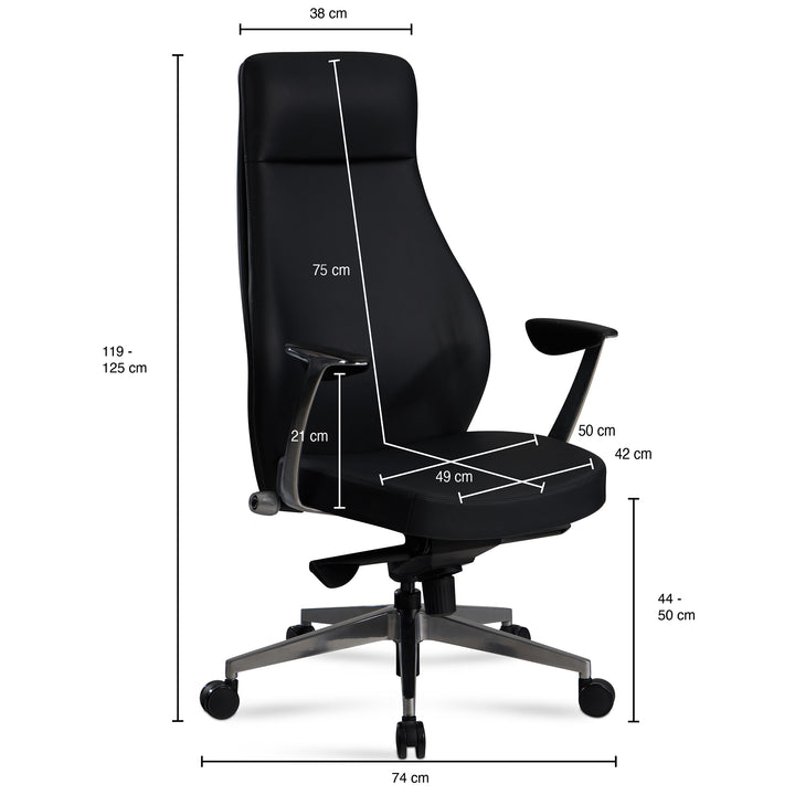 Bürostuhl Kunstleder bis 120 kg mit Wippmechanik, Armlehnen und hoher Rückenlehne, Schwarz 74x74x125 cm