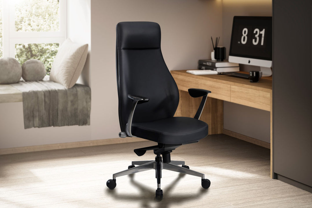 Bürostuhl Kunstleder bis 120 kg mit Wippmechanik, Armlehnen und hoher Rückenlehne, Schwarz 74x74x125 cm