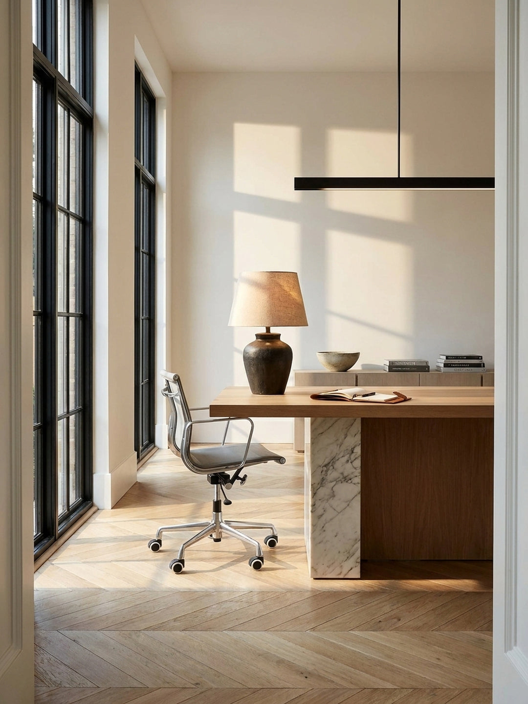 Fünf schwarz-weiße Hartbodenrollen an einem Design-Bürostuhl auf hellem Eichenparkett im lichtdurchfluteten Home Office._