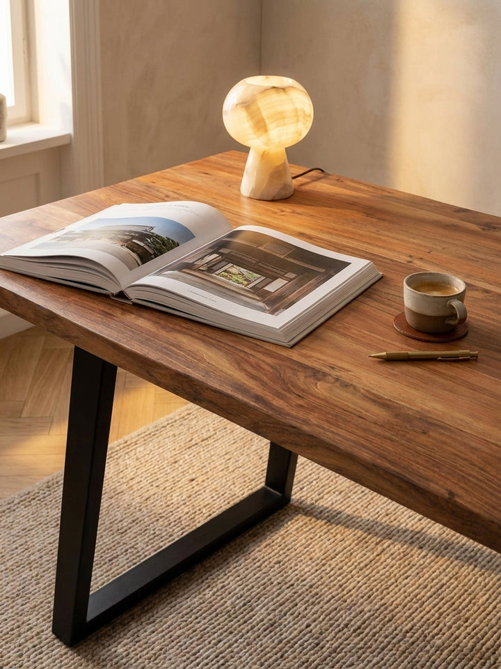 Ein stilvolles Arbeits-Setup auf dem Massivholz-Schreibtisch, mit einem aufgeklappten Kunstbuch, einer handgeschmiedeten Schale und einem Laptop mit schwarzer Tastatur._