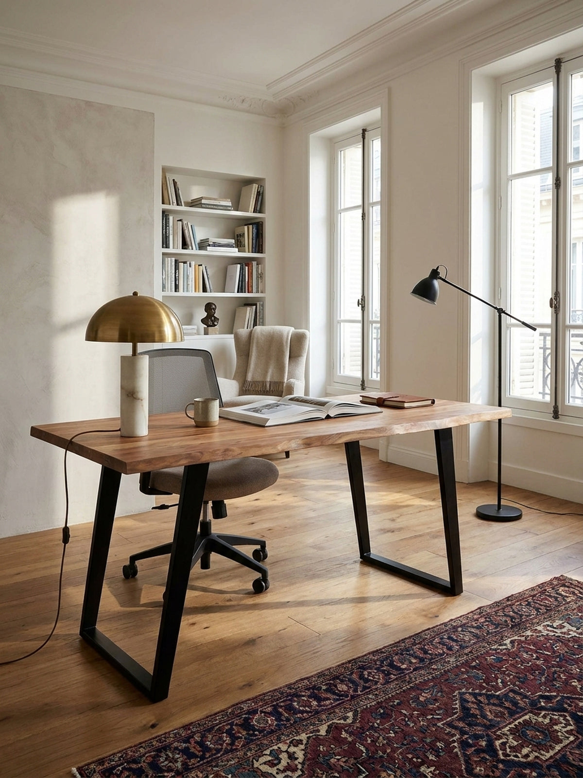 Der Massivholz-Schreibtisch mit Baumkante kombiniert mit einem ergonomischen Bürostuhl aus schwarzem Leder vor einer texturierten Kalkputzwand im Arbeitszimmer.