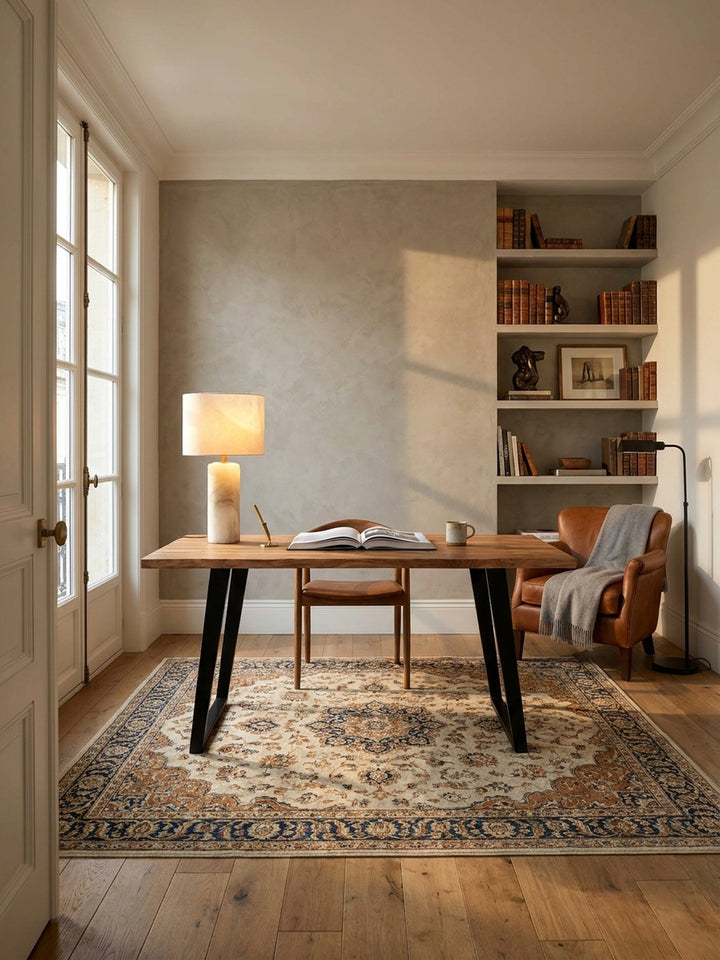 Ein moderner Schreibtisch aus Akazie Massivholz mit schwarzen Metallbeinen, platziert in einem hellen Homeoffice mit breiten Eichendielen und einem Vintage-Perserteppich._
