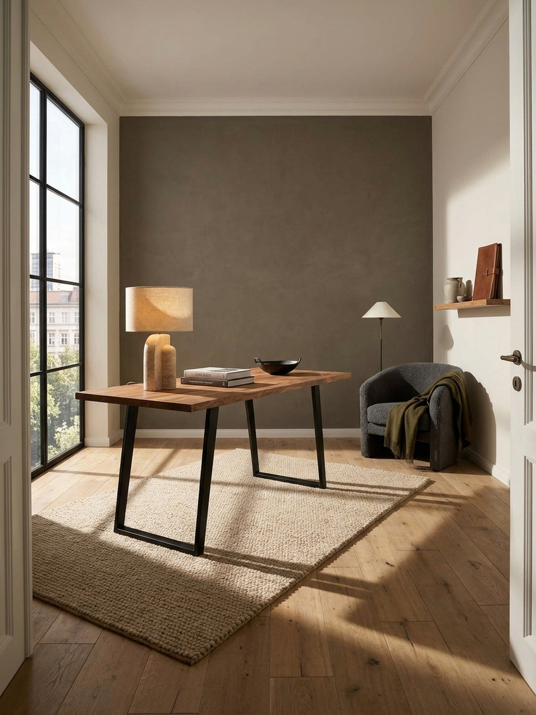 Großer Akazienholz Schreibtisch mit schwarzen U-Beinen als Herzstück eines modernen Homeoffice mit hellem Parkettboden und großen Fenstern._