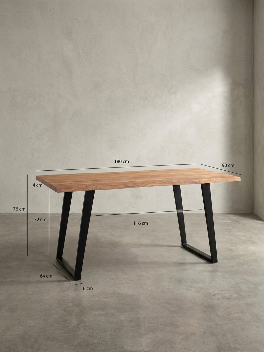 Grafik des Schreibtischs mit exakten Maßen: Länge 180 cm, Tiefe ca. 90 cm und Höhe 76 cm, ideal für die Planung Ihres Arbeitszimmers._