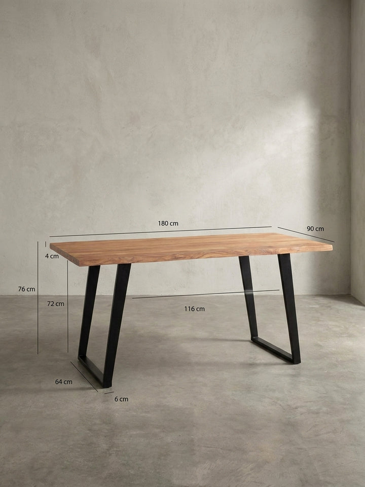 Grafik des Schreibtischs mit exakten Maßen: Länge 180 cm, Tiefe ca. 90 cm und Höhe 76 cm, ideal für die Planung Ihres Arbeitszimmers._