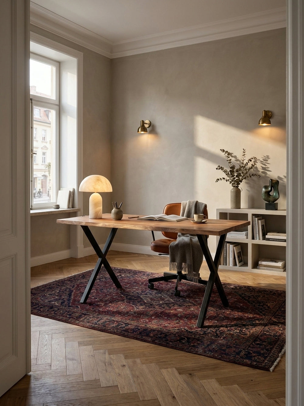 Massivholz Schreibtisch aus Akazie mit Baumkante in einem stilvollen Homeoffice mit Fischgrätparkett und großen Fenstern._