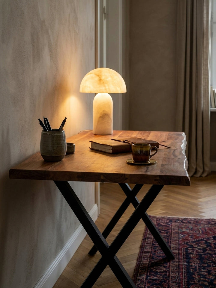Nahaufnahme des Homeoffice-Arbeitsplatzes: auf dem Holztisch stehen ein Tablet und ein Notizbuch, bereit für kreatives Arbeiten._