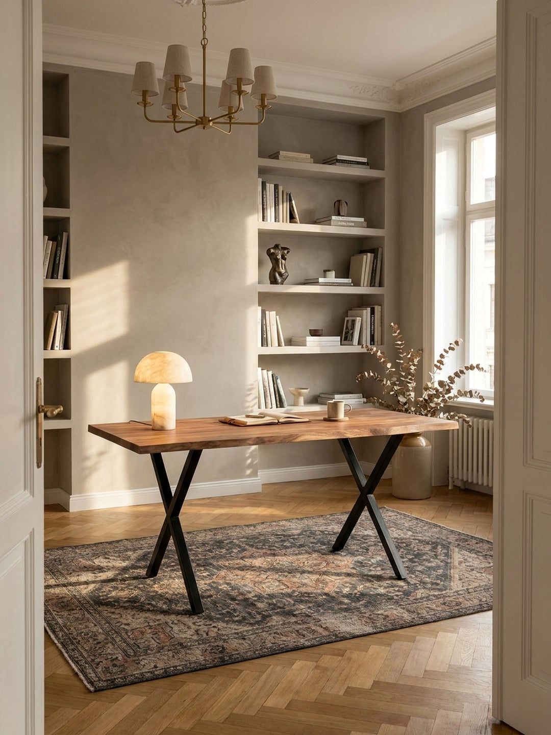 Moderner Schreibtisch aus massivem Akazienholz mit schwarzen X-Beinen in einem hellen Homeoffice mit Fischgrätparkett und Stuck._