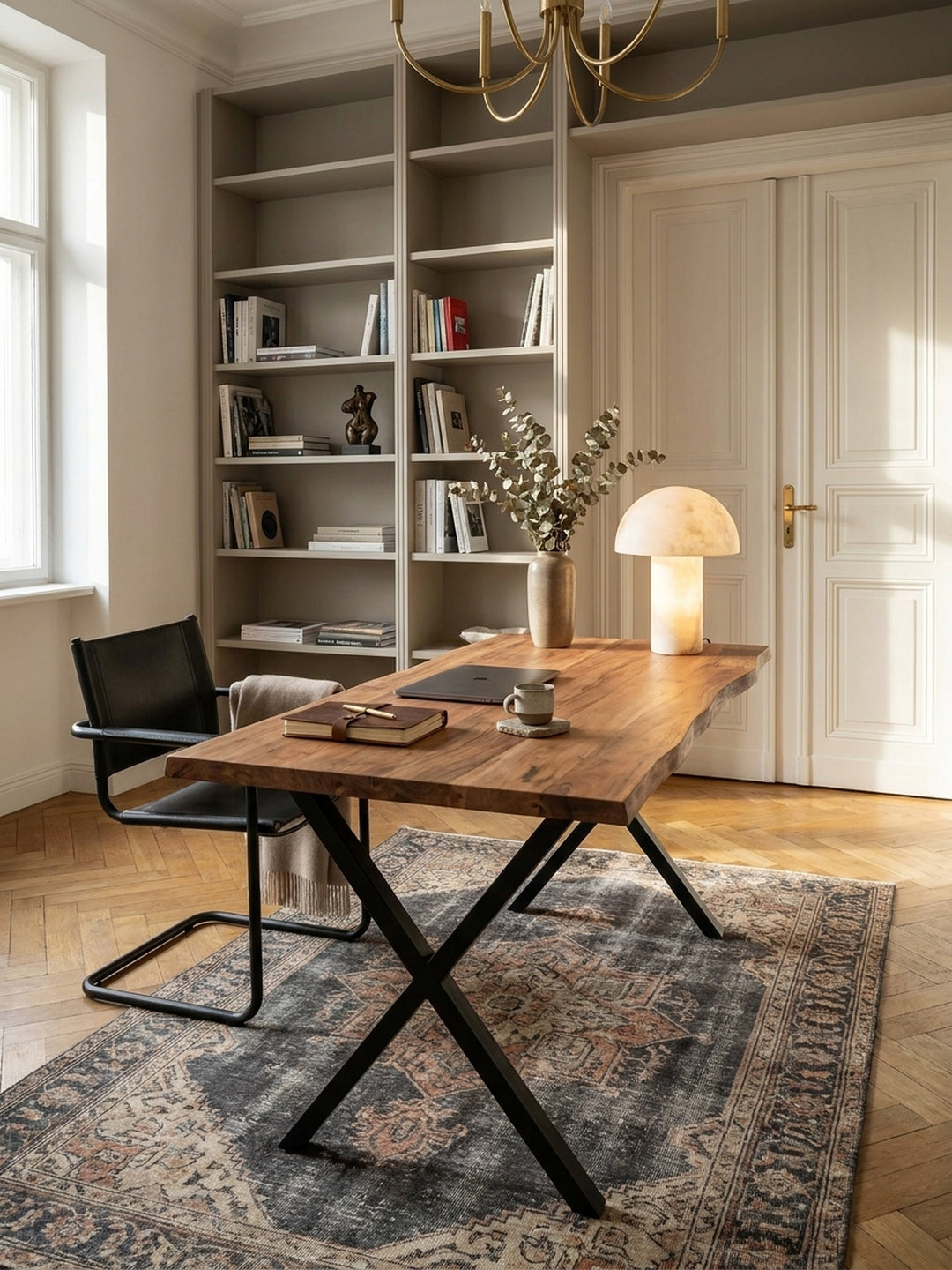 Der Massivholz-Bürotisch mit Metallgestell kombiniert mit einem schwarzen Leder-Chefsessel vor einer dezenten, grauen Wand._