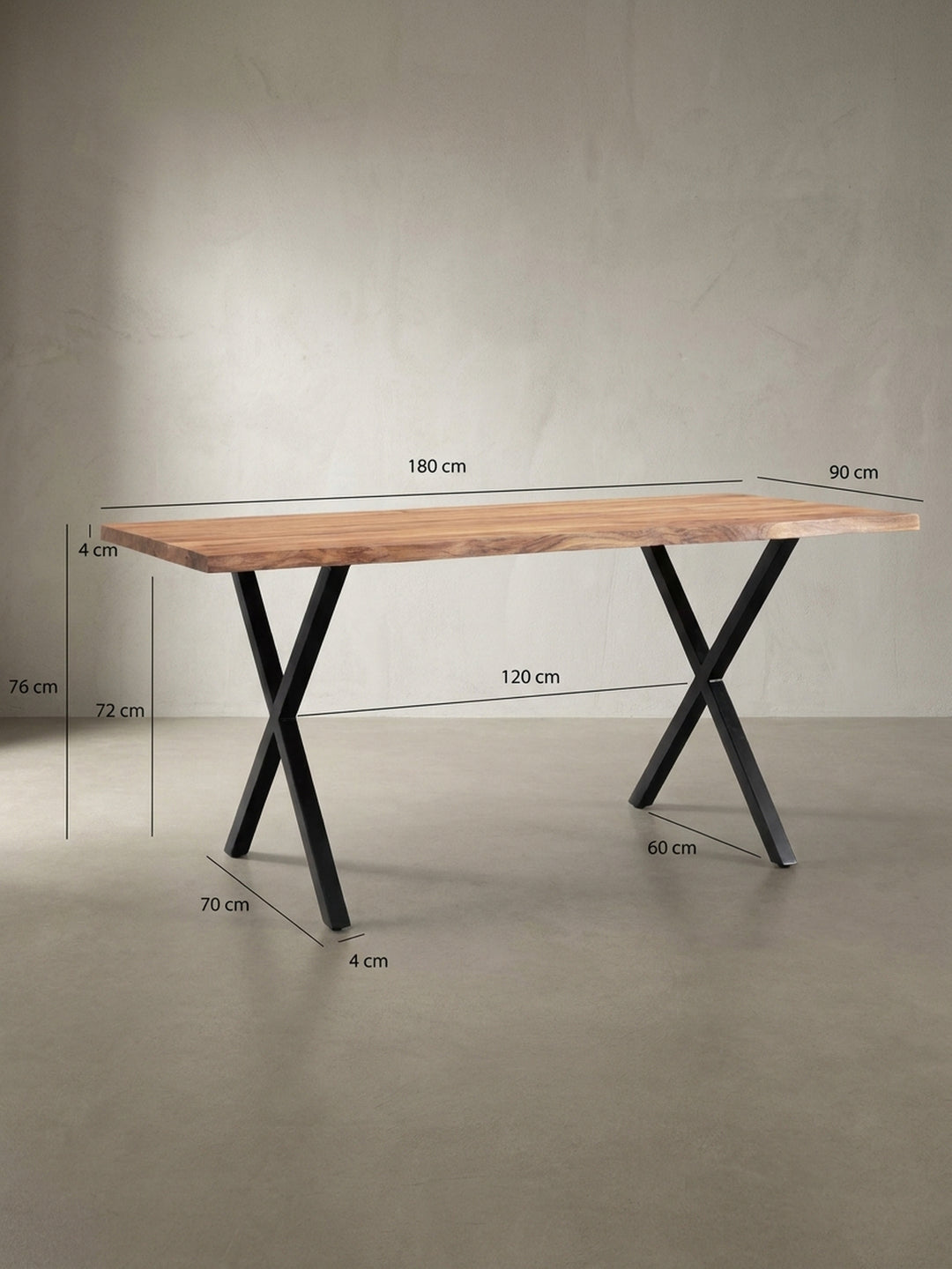 Technisches Maßbild des Schreibtisches mit genauen Abmessungen: Breite 180 cm, Tiefe ca. 90 cm und Höhe 76 cm für die perfekte Raumplanung._