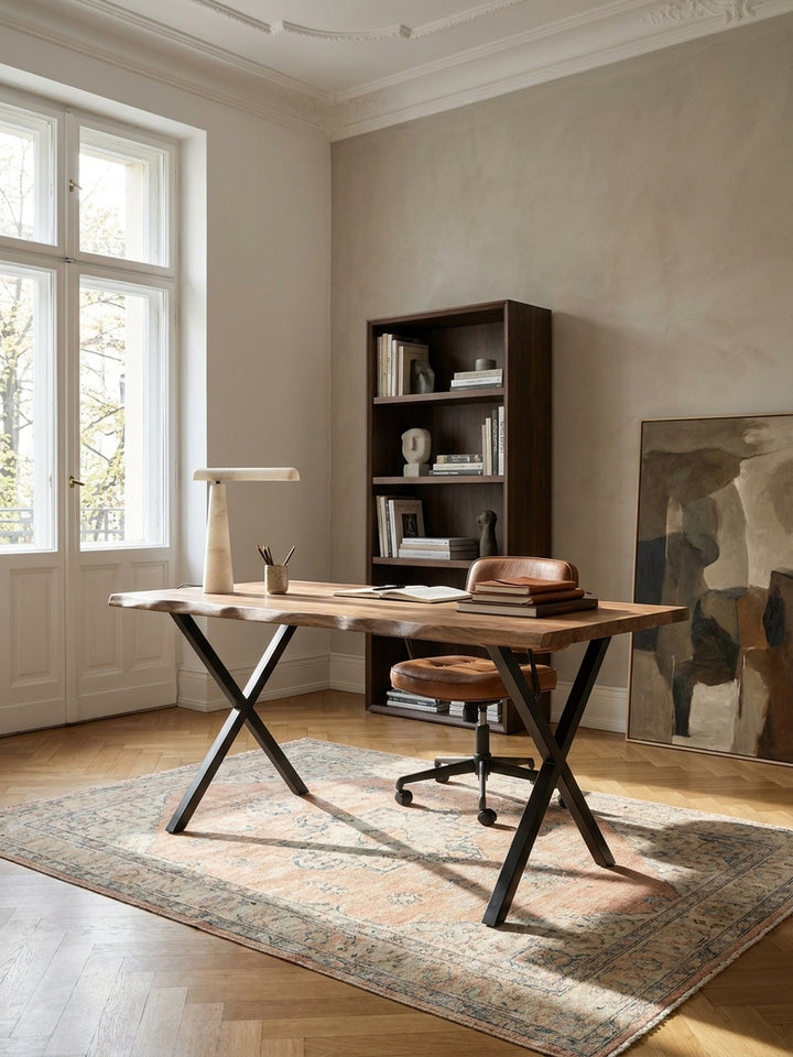 Kombination aus einem massiven Akazienholz-Schreibtisch und einem ergonomischen Bürostuhl, die ein produktives und stilvolles Ambiente im Homeoffice schafft._