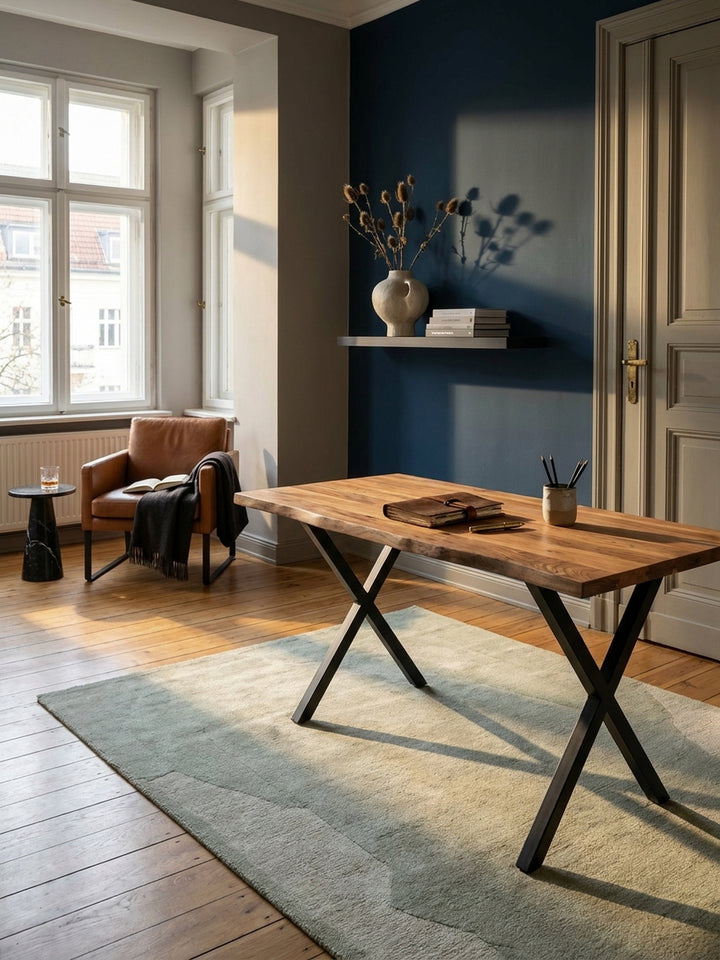 Eleganter Homeoffice-Arbeitsplatz mit einem Schreibtisch aus massivem Akazienholz und schwarzen X-Beinen auf einem Vintage-Perserteppich in einem lichtdurchfluteten Altbau-Arbeitszimmer._