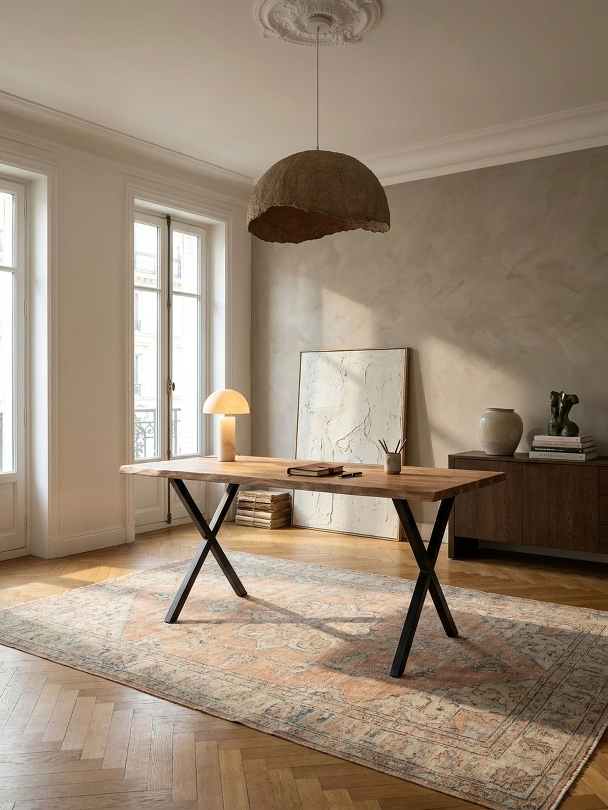 Großer Schreibtisch aus Akazie Massivholz mit schwarzen X-Beinen als Herzstück eines modernen Homeoffice im Altbau mit Holzboden und viel Tageslicht.