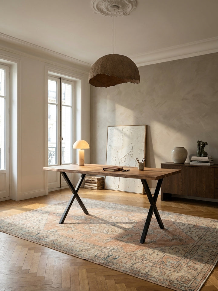 Großer Schreibtisch aus Akazie Massivholz mit schwarzen X-Beinen als Herzstück eines modernen Homeoffice im Altbau mit Holzboden und viel Tageslicht._