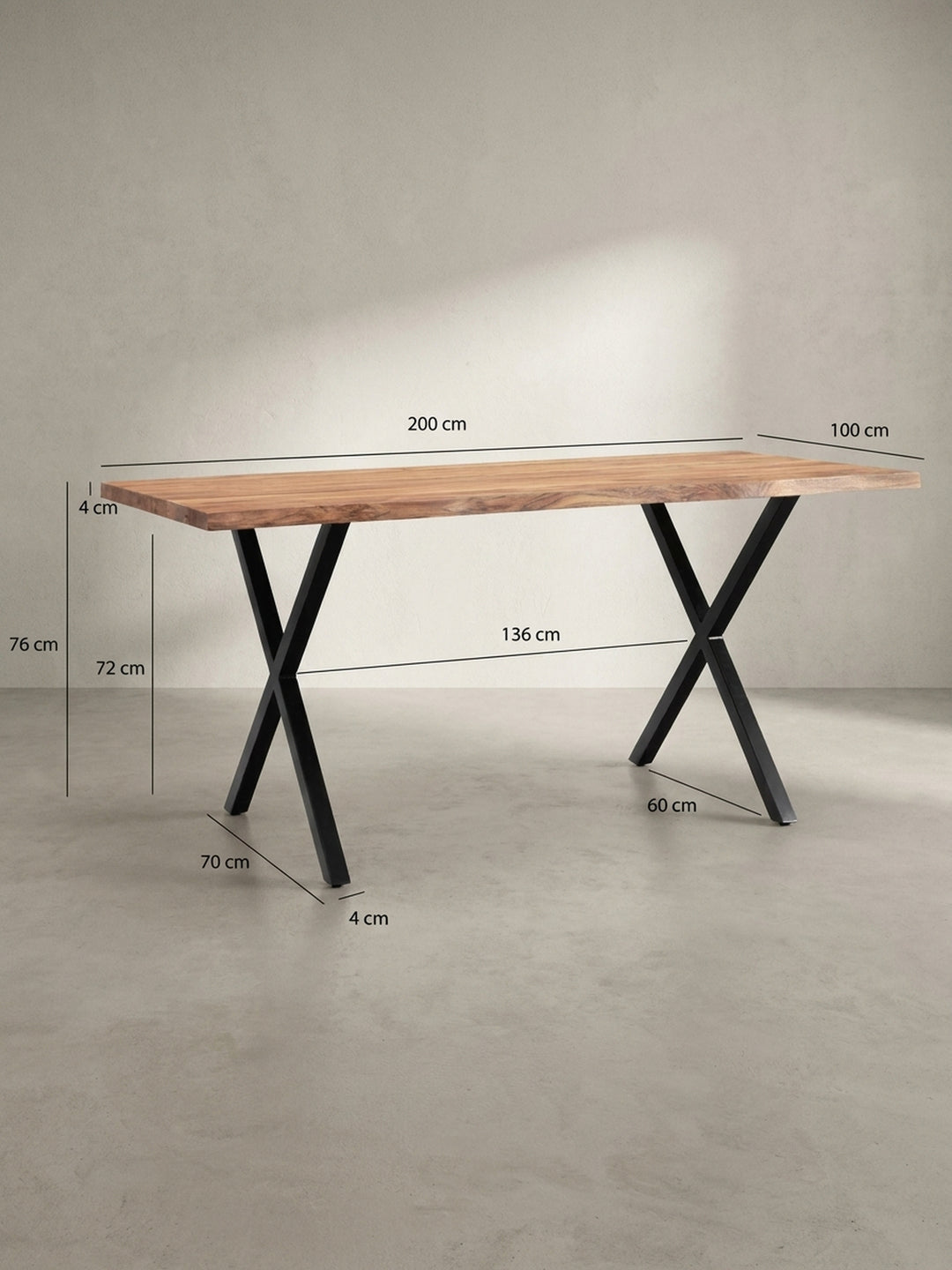 Bemaßungsskizze des Akazie Massivholz Schreibtischs mit den exakten Maßen 200x100x76 cm für die optimale Planung im Arbeitszimmer._