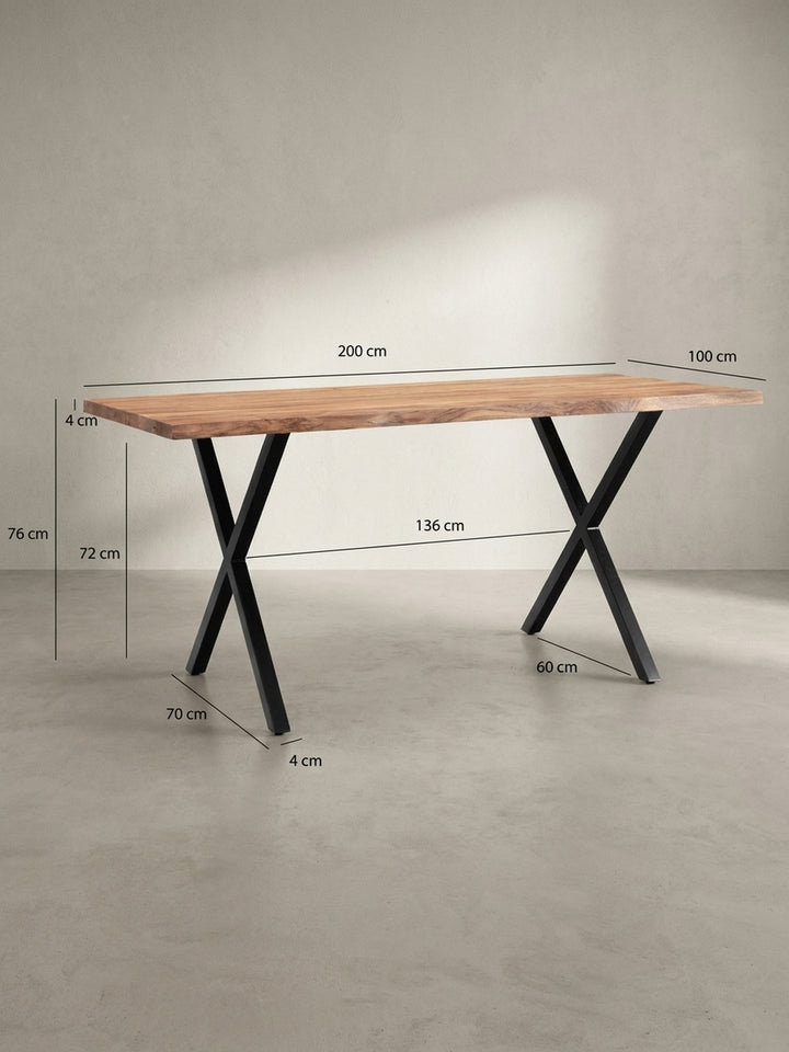 Bemaßungsskizze des Akazie Massivholz Schreibtischs mit den exakten Maßen 200x100x76 cm für die optimale Planung im Arbeitszimmer._