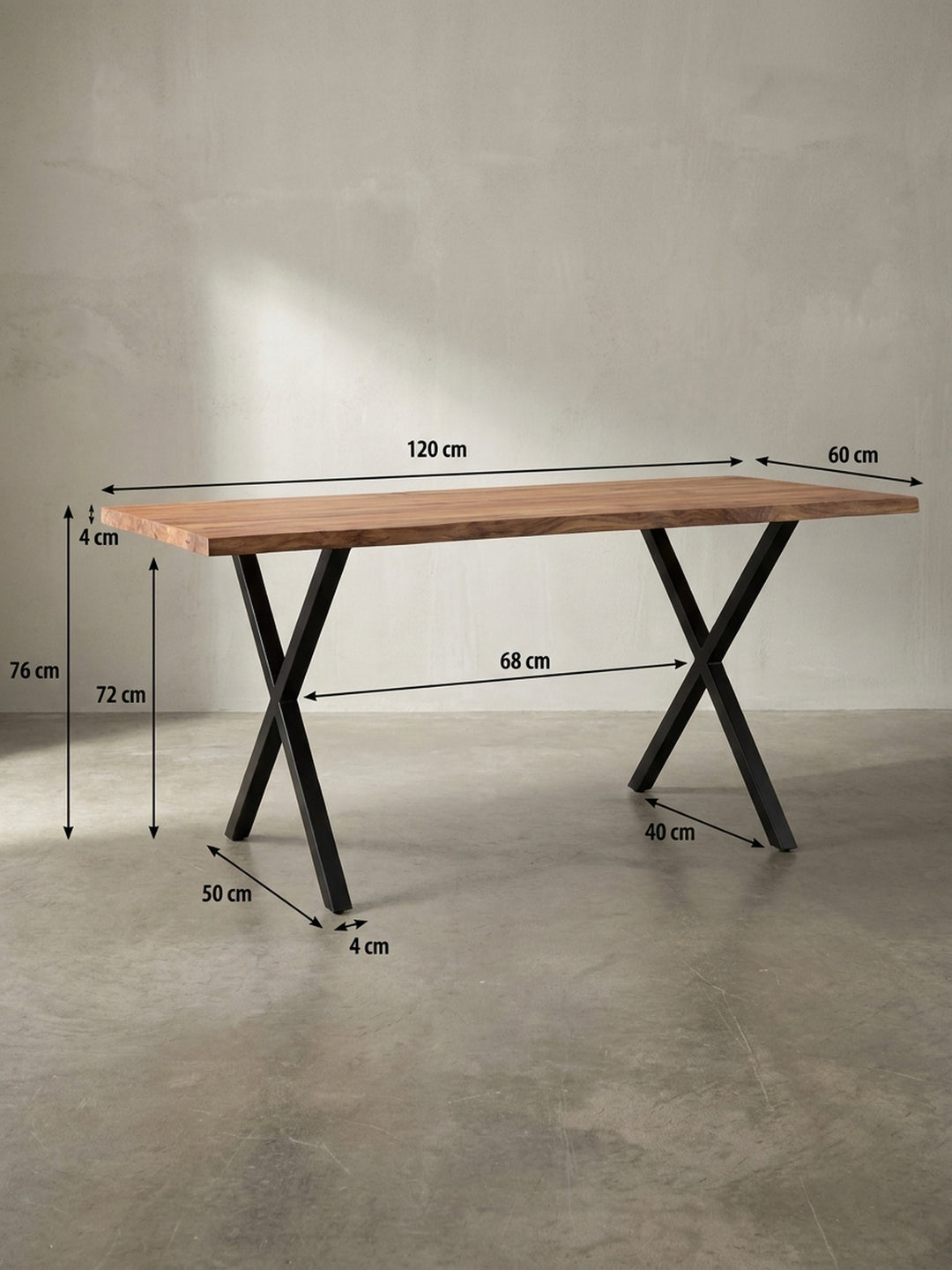 Technische Zeichnung des Schreibtisches mit exakten Maßen: Breite 120 cm, Tiefe 60 cm und Höhe 76 cm, zur einfachen Planung des Platzbedarfs im Homeoffice._