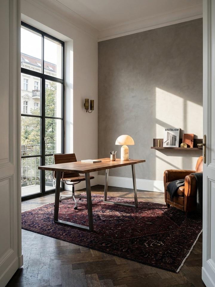 Eleganter Homeoffice-Arbeitsplatz mit einem Schreibtisch aus massivem Akazienholz mit Baumkante vor einer grauen Kalkputzwand in einem lichtdurchfluteten Altbau-Arbeitszimmer._