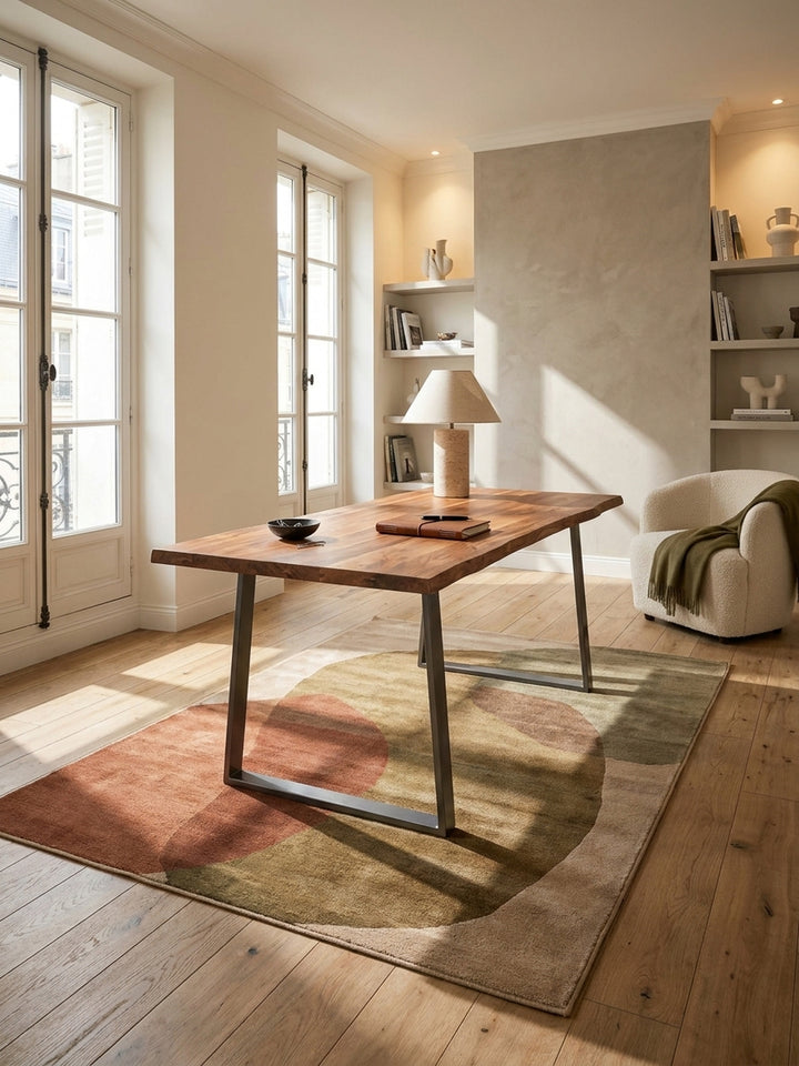 Massiver Akazienholz-Schreibtisch mit Baumkante in einem lichtdurchfluteten Home Office mit Eichenparkett und hohen Fenstern._