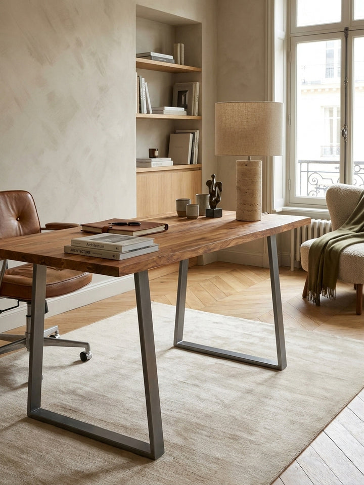 Der Computertisch aus Holz und Metall kombiniert mit einem ergonomischen Bürostuhl in einem stilvollen Arbeitszimmer._