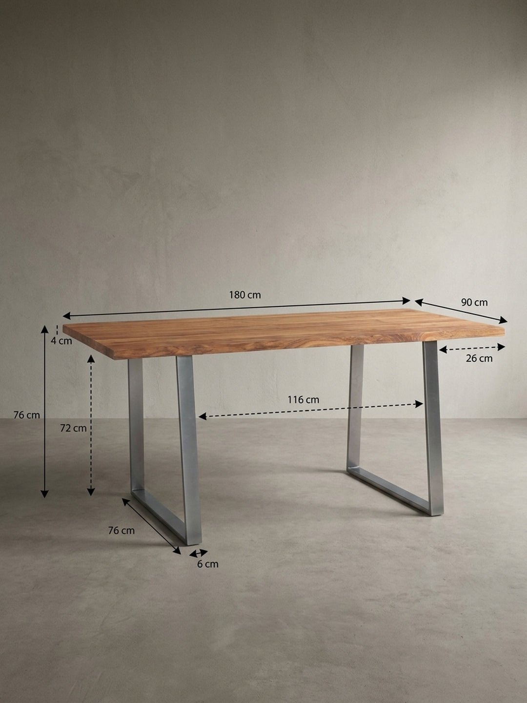 Technische Zeichnung des Schreibtischs mit exakten Maßen: 180 cm Breite, 90 cm Tiefe und 76 cm Höhe für die perfekte Raumplanung._