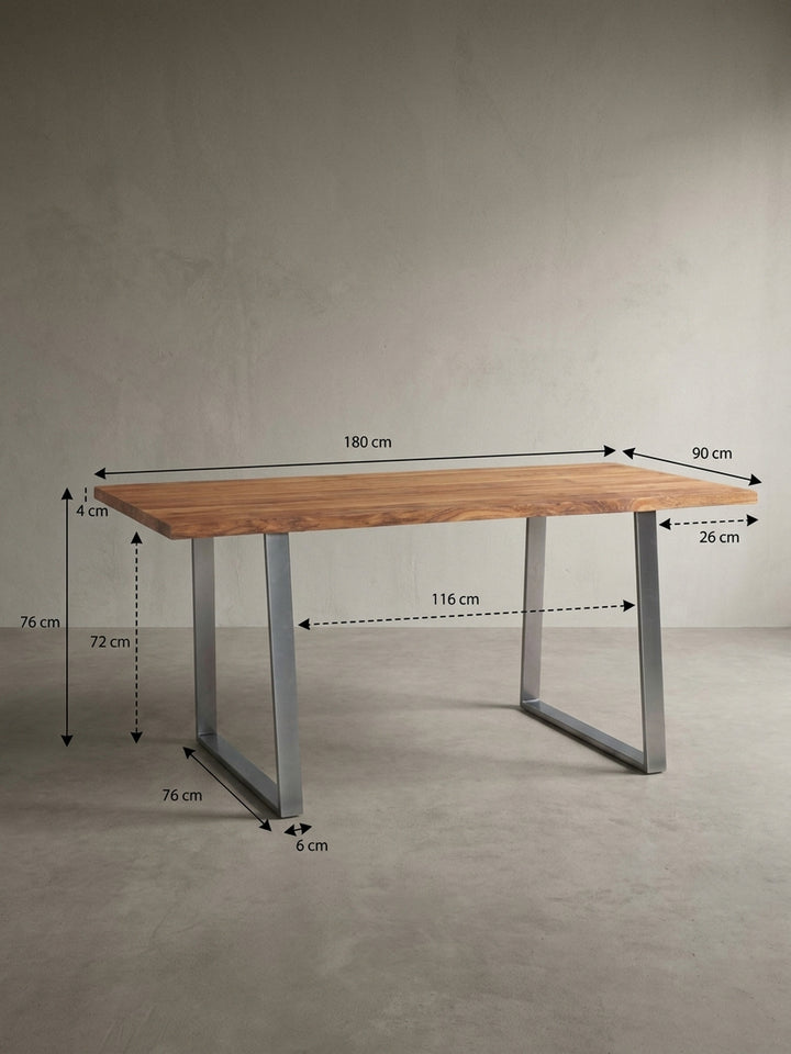 Technische Zeichnung des Schreibtischs mit exakten Maßen: 180 cm Breite, 90 cm Tiefe und 76 cm Höhe für die perfekte Raumplanung._