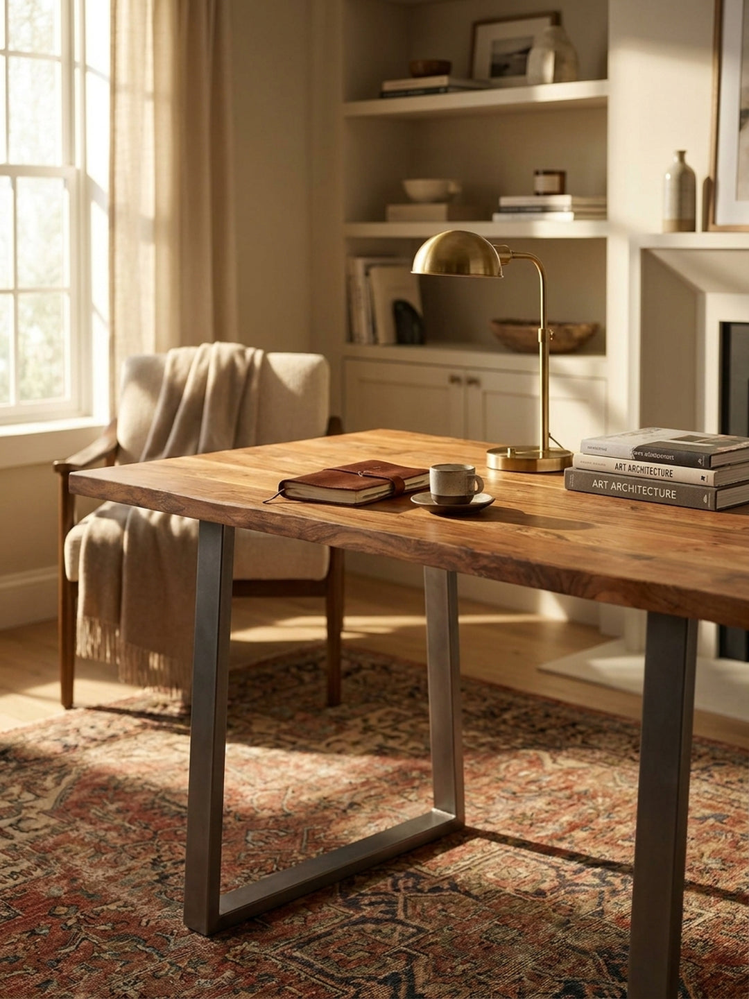 Detailansicht des Home-Office-Arbeitsplatzes: auf dem massiven Holztisch liegen ein aufgeschlagenes Buch und eine Tasse Kaffee._