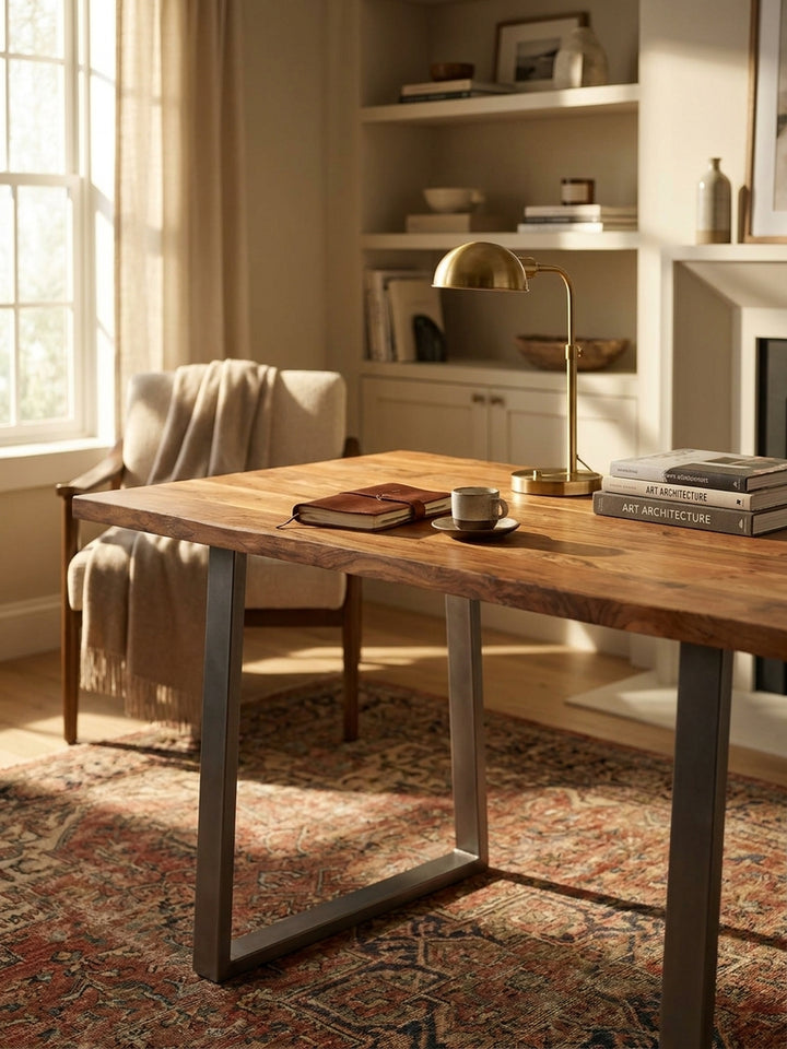 Detailansicht des Home-Office-Arbeitsplatzes: auf dem massiven Holztisch liegen ein aufgeschlagenes Buch und eine Tasse Kaffee._
