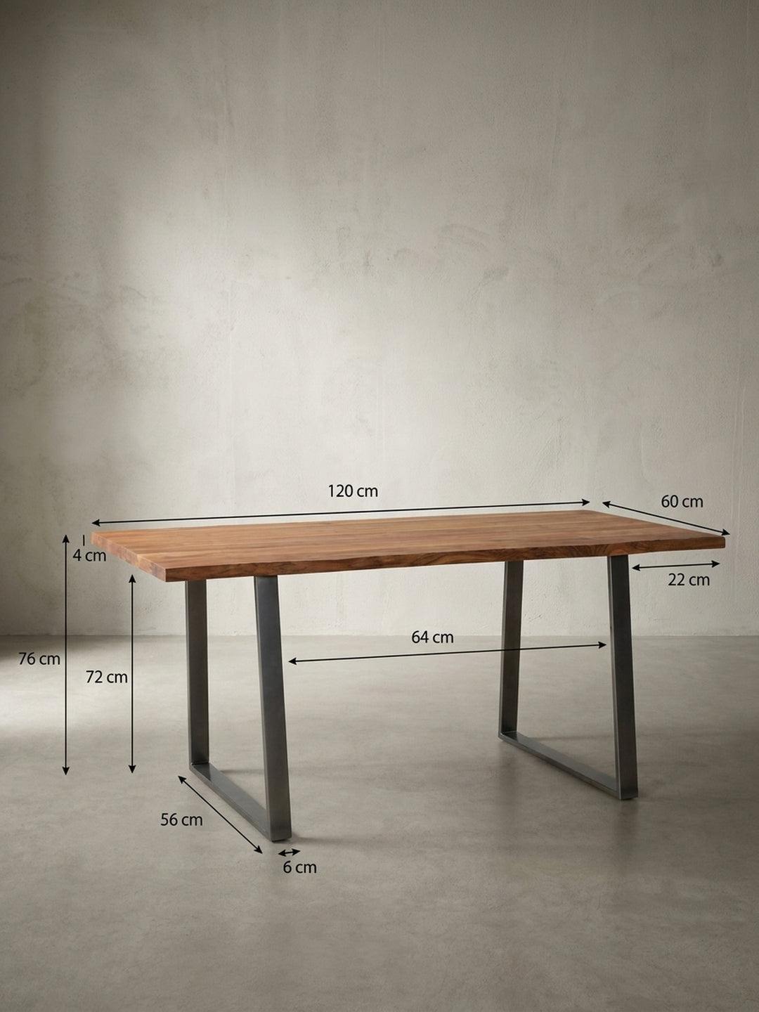 Technisches Maßbild des Schreibtisches mit genauen Abmessungen: Breite 120 cm, Höhe 76 cm und Tiefe ca. 60 cm, ideal für die Raumplanung im Homeoffice._