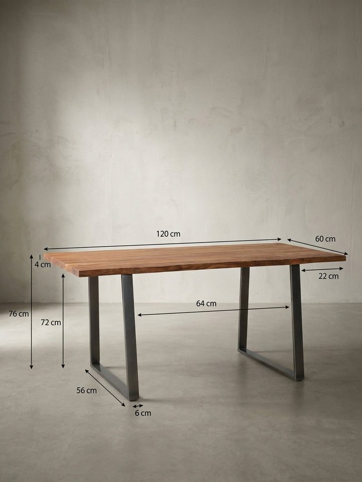 Technisches Maßbild des Schreibtisches mit genauen Abmessungen: Breite 120 cm, Höhe 76 cm und Tiefe ca. 60 cm, ideal für die Raumplanung im Homeoffice._