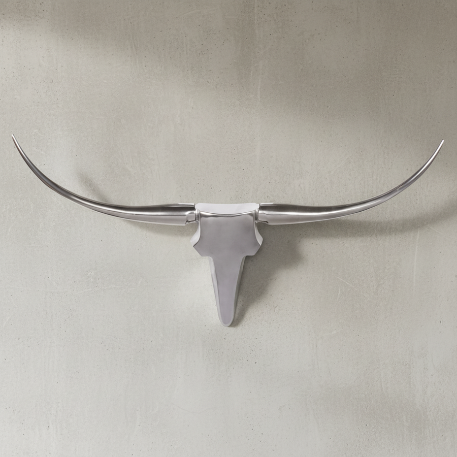 Bull Geweih L Wanddekoration_ stilvoll aus Aluminium_ 125 cm_ handgefertigt_ modernes Design_ für ein elegantes Zuhause - KADIMA DESIGN_Farbe_ Silber_ Größe_ 125x10x60 cm_