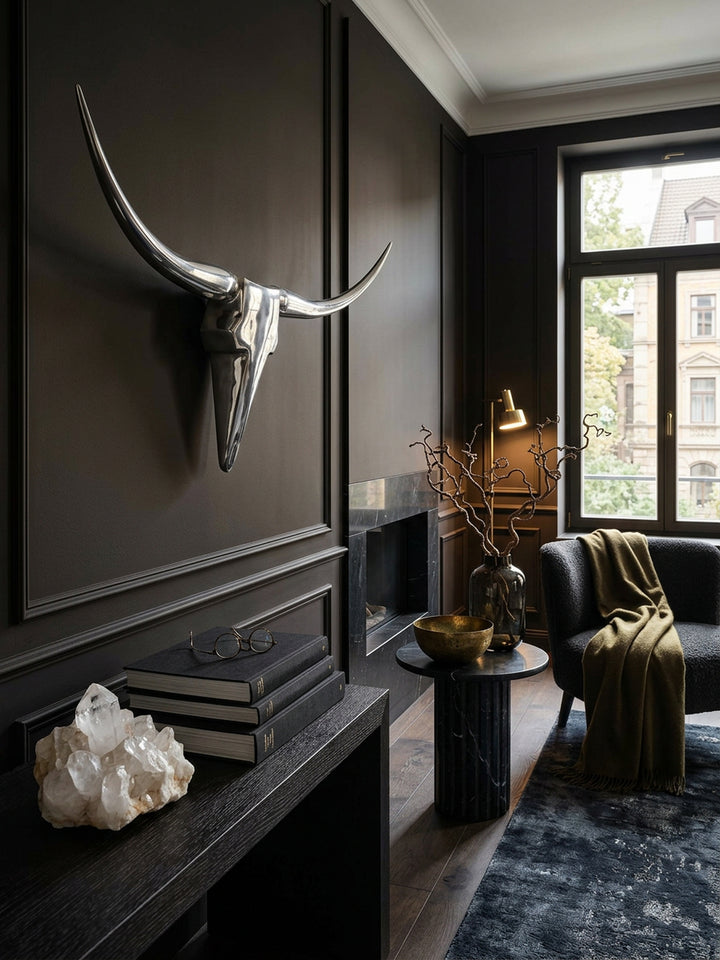 Bull Geweih Wanddekoration_ stilvoll aus Aluminium_ handgefertigt_ modernes Design_ für ein elegantes Zuhause - KADIMA DESIGN_Farbe_ Silber_ Größe_ 125x10x60 cm_