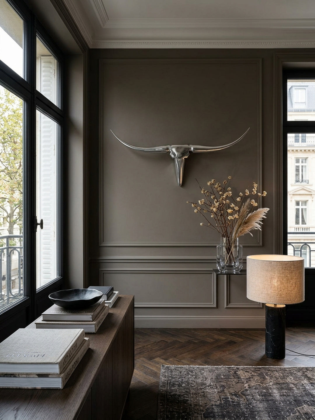 Bull Geweih Wanddekoration_ stilvoll aus Aluminium_ handgefertigt_ modernes Design_ für ein elegantes Zuhause - KADIMA DESIGN_Farbe_ Silber_ Größe_ 125x10x60 cm_