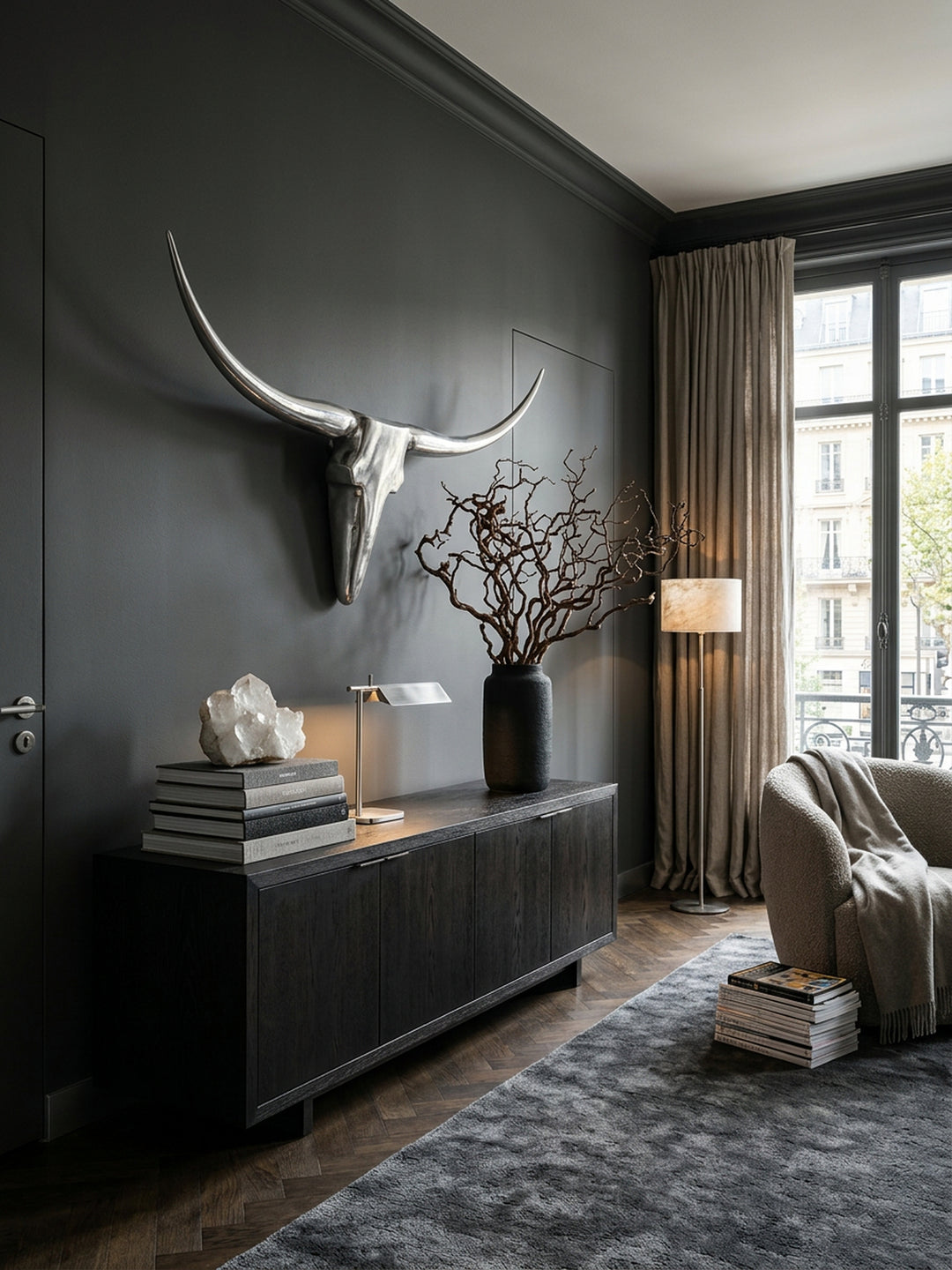Bull Geweih Wanddekoration_ stilvoll aus Aluminium_ handgefertigt_ modernes Design_ für ein elegantes Zuhause - KADIMA DESIGN_Farbe_ Silber_ Größe_ 125x10x60 cm_