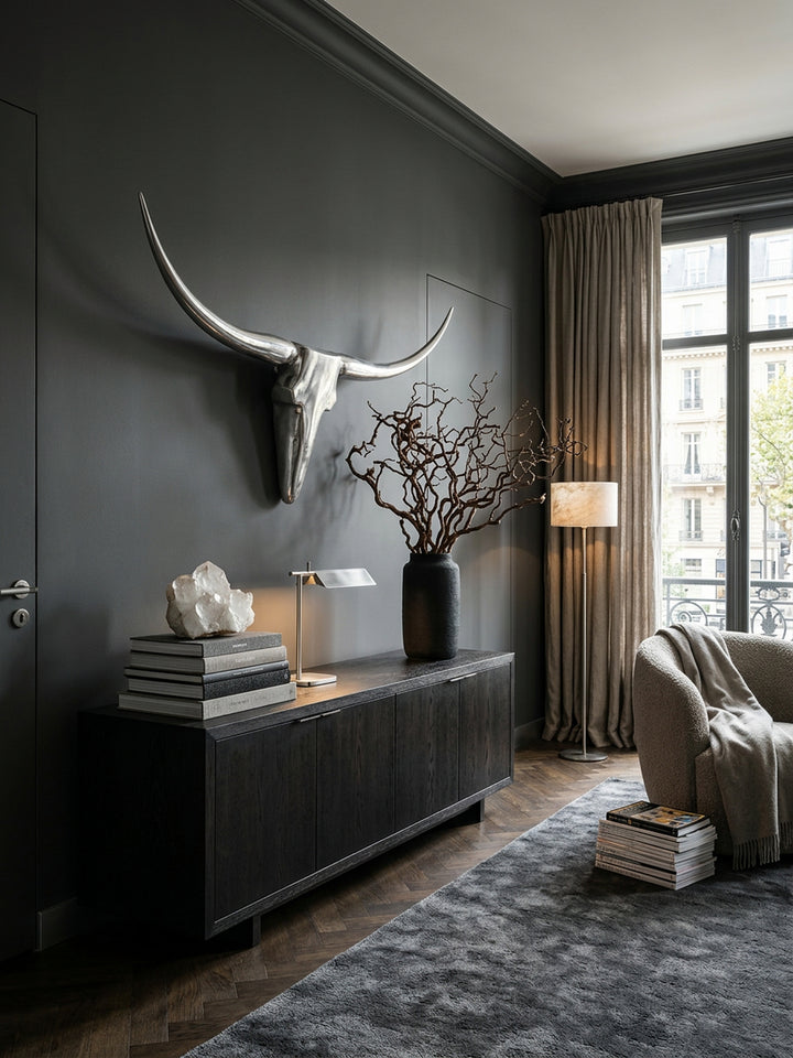 Bull Geweih Wanddekoration_ stilvoll aus Aluminium_ handgefertigt_ modernes Design_ für ein elegantes Zuhause - KADIMA DESIGN_Farbe_ Silber_ Größe_ 125x10x60 cm_