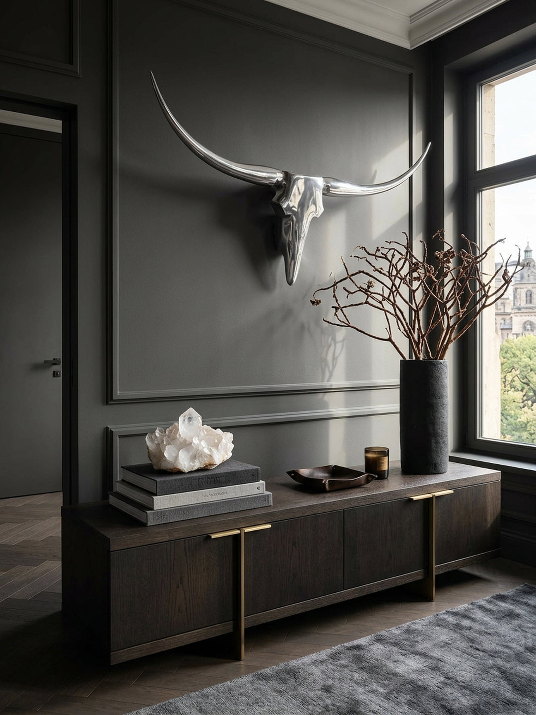 Bull Geweih Wanddekoration_ stilvoll aus Aluminium_ handgefertigt_ modernes Design_ für ein elegantes Zuhause - KADIMA DESIGN_Farbe_ Silber_ Größe_ 125x10x60 cm_