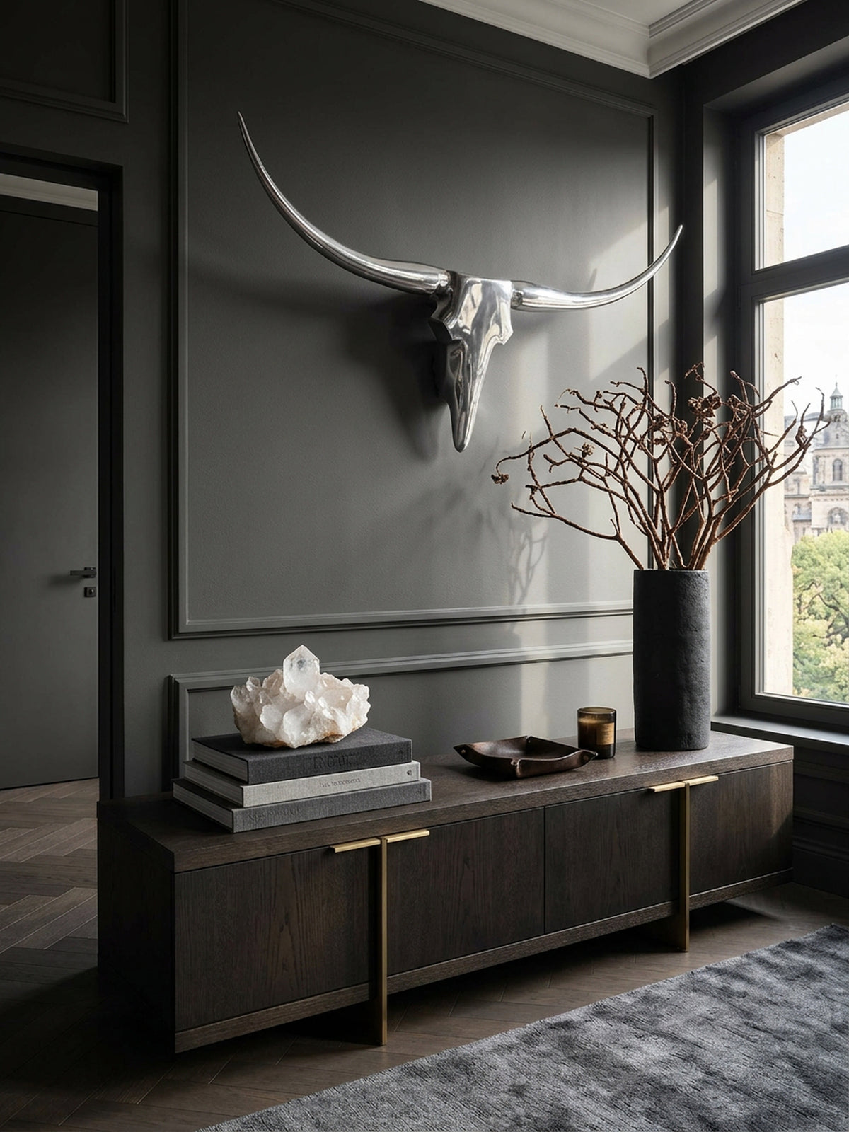 Bull Geweih Wanddekoration_ stilvoll aus Aluminium_ handgefertigt_ modernes Design_ für ein elegantes Zuhause - KADIMA DESIGN_Farbe_ Silber_ Größe_ 125x10x60 cm_