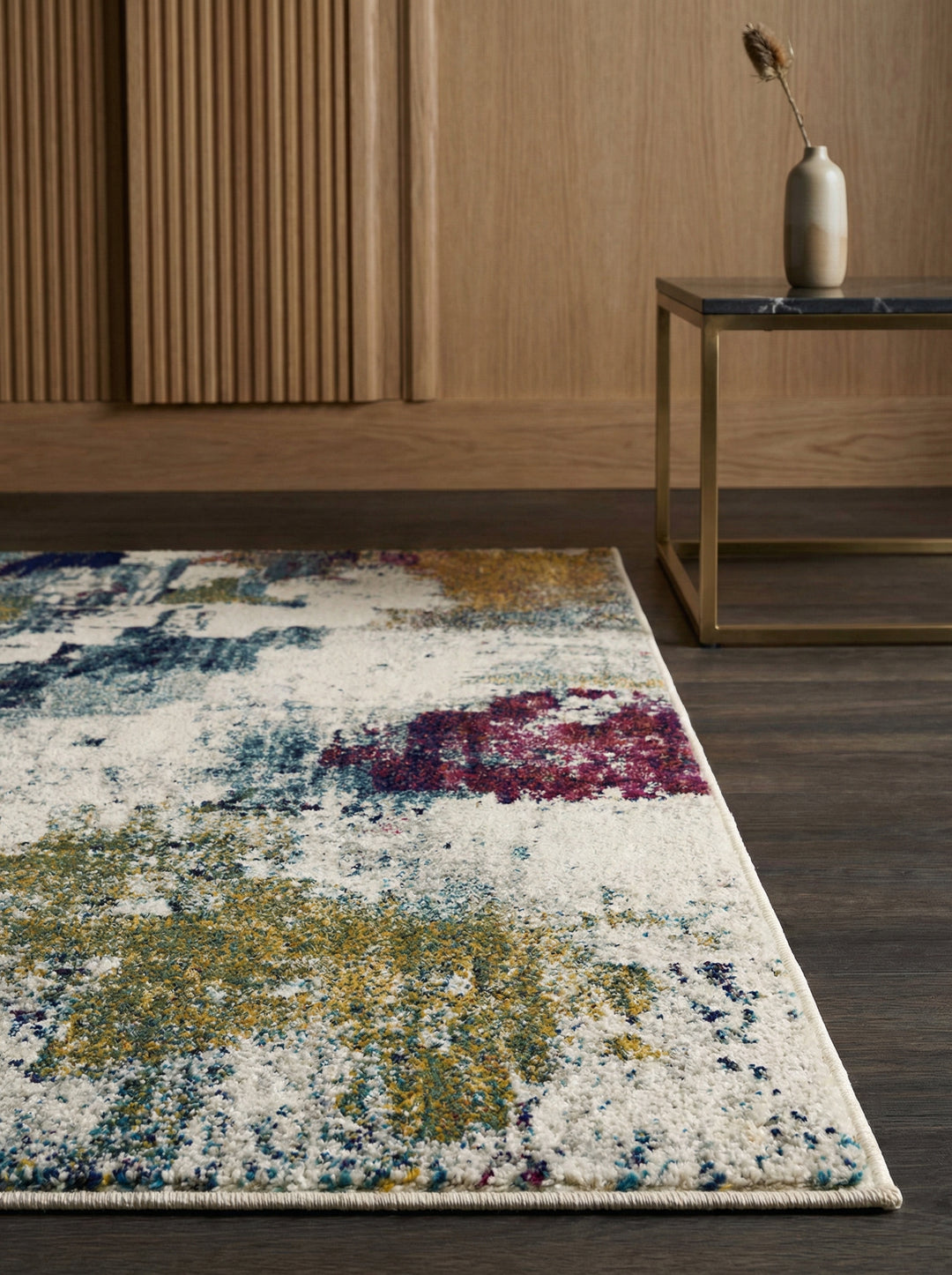Bunter Kurzflor-Teppich_Abstraktes Aquarell-Design in Senfgelb Blau Burgunder_Pflegeleicht und Wohnlich - LODI-Padana_
