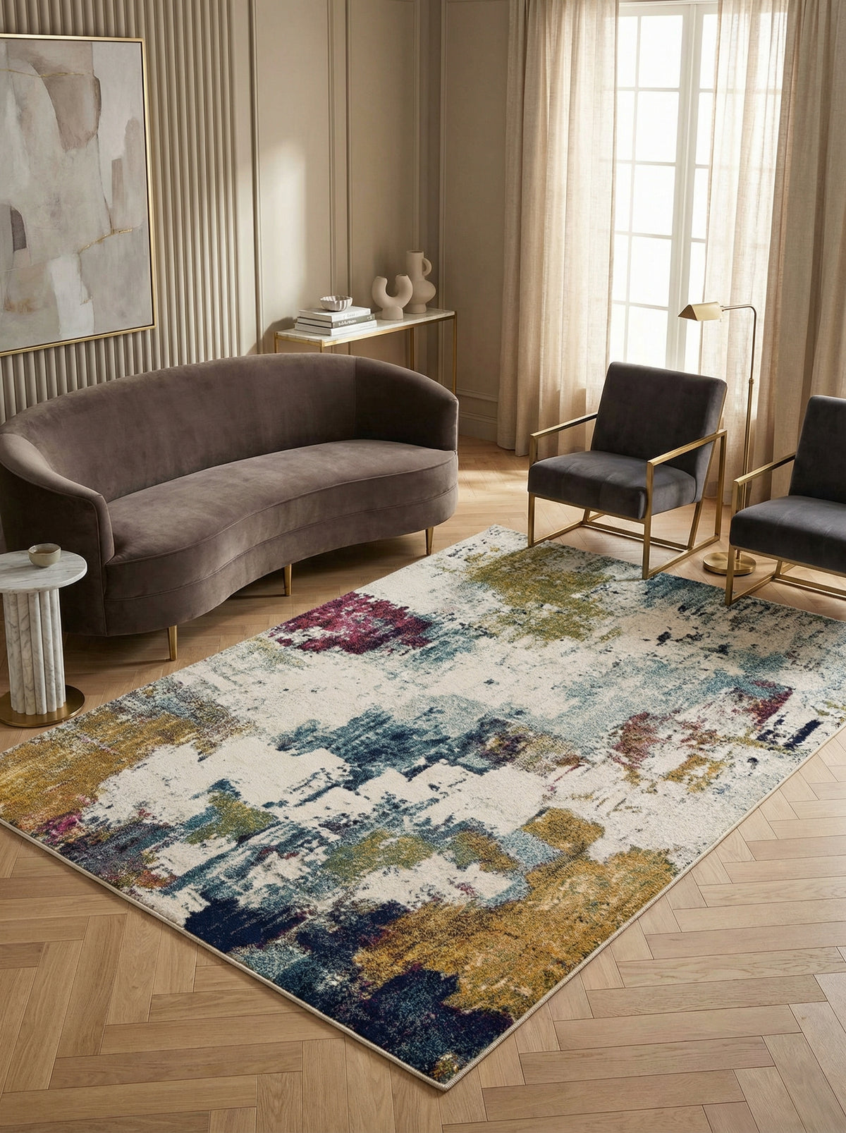 Bunter Kurzflor-Teppich Abstraktes Aquarell-Design in Senfgelb Blau Burgunder Pflegeleicht und Wohnlich - LODI-Padana