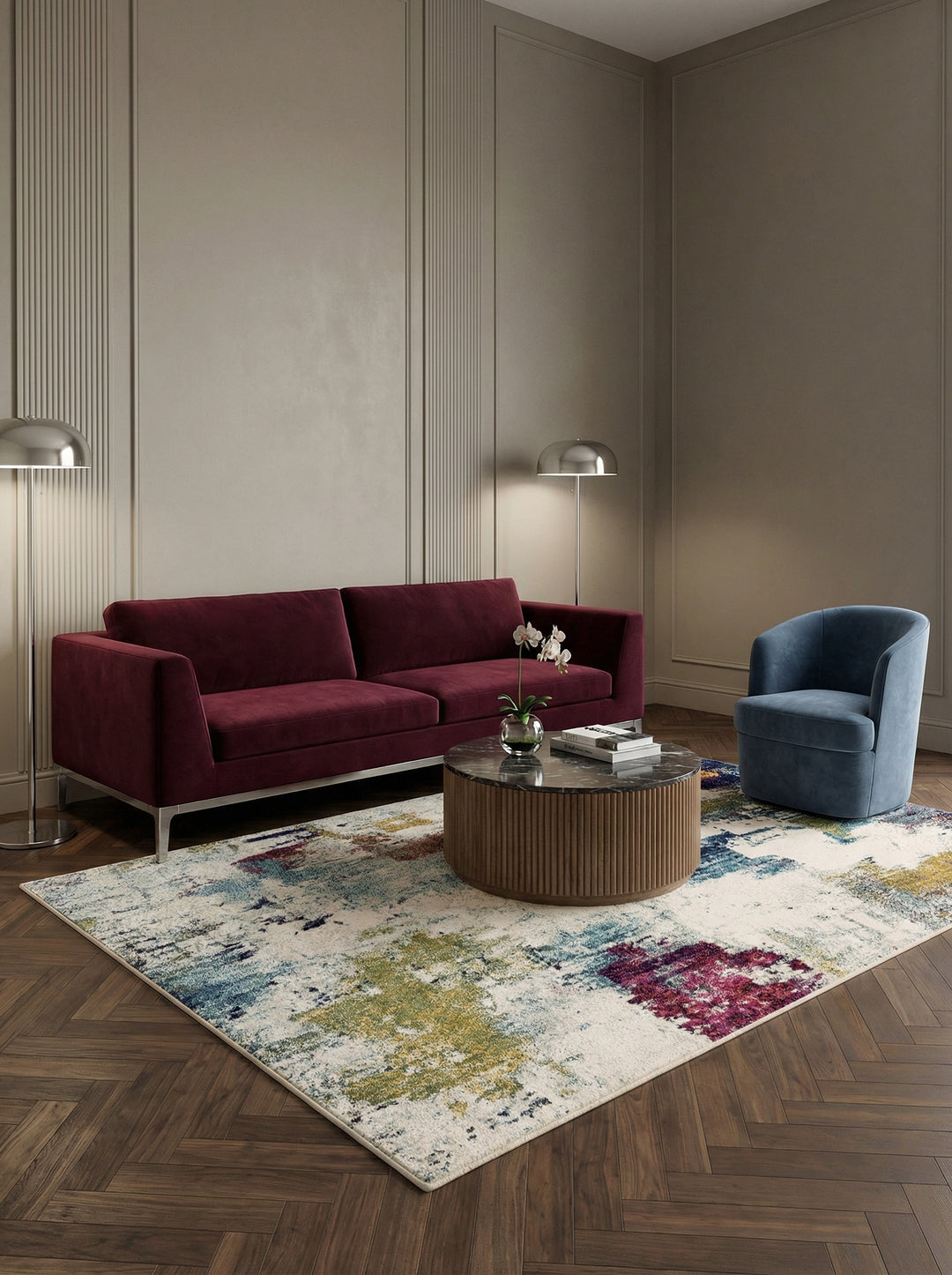 Bunter Kurzflor-Teppich_Abstraktes Aquarell-Design in Senfgelb Blau Burgunder_Pflegeleicht und Wohnlich - LODI-Padana_