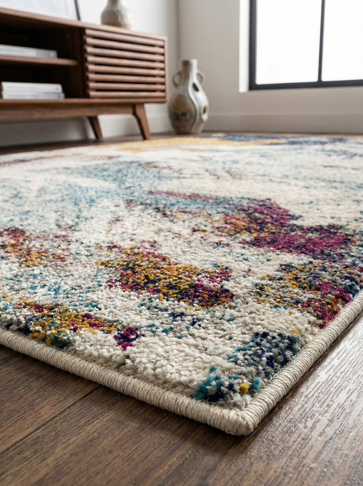 Bunter Kurzflor-Teppich_Abstraktes Aquarell-Design in Senfgelb Blau Burgunder_Pflegeleicht und Wohnlich - LODI-Padana_