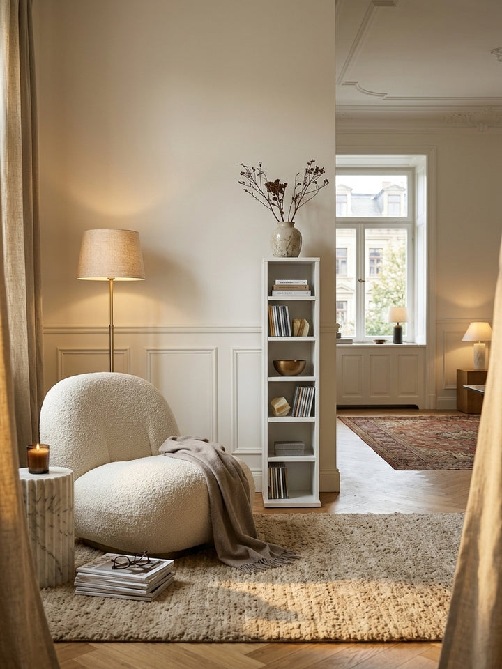 Schmales CD-Regal in Weiß (21x90x20 cm) als eleganter Nischenfüller in einem luxuriösen Wohnzimmer. Das offene Standregal bietet perfekten Stauraum neben einem Bouclé-Sessel._