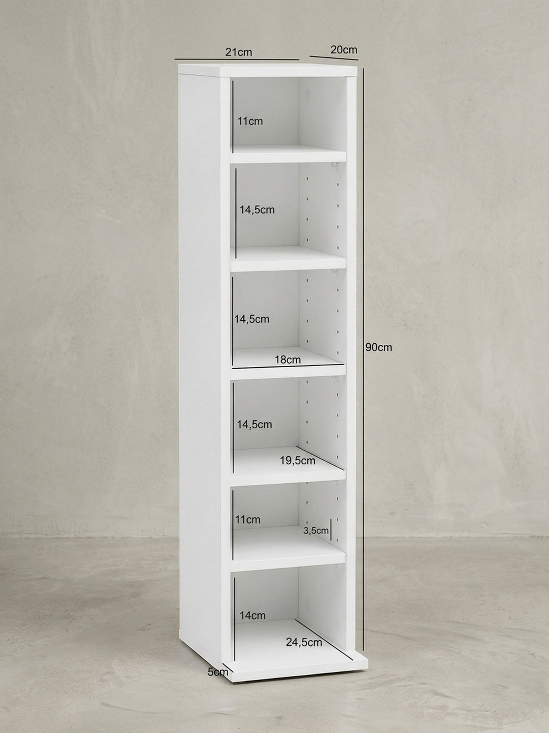 Maßzeichnung CD-Regal – Holz, 6 Fächer, modern