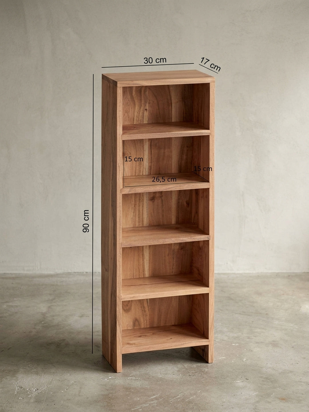 Detailansicht Standregale aus honigfarbenem Akazie-Massivholz zeigt Verarbeitung und Materialqualität 30x17x90 cm_