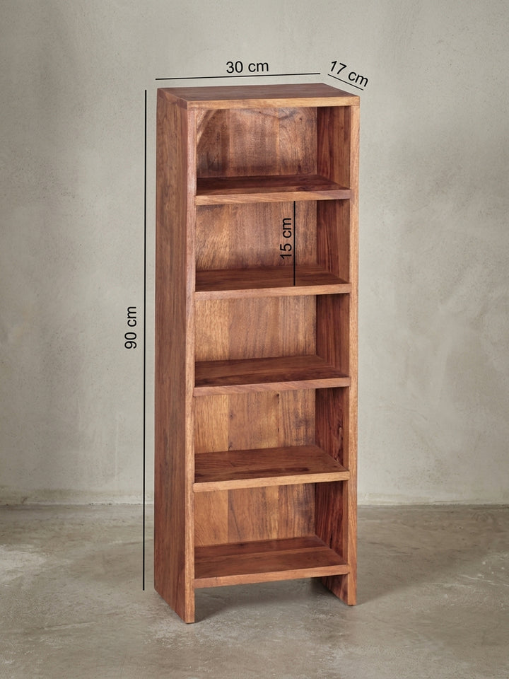 Detailansicht Standregale aus warmem Sheesham-Massivholz mit markanter Maserung zeigt Verarbeitung und Materialqualität 30x17x90 cm_