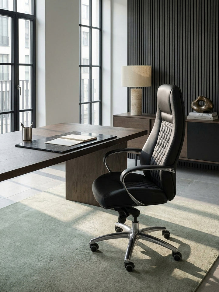 Bürostuhl Echtleder schwarz 70x68x130 cm kombiniert mit passenden Möbeln Home Office Einrichtungsidee Möbelensemble mit Rollen und Höhenverstellung harmonisch Wohnen Interior Zuhause Design_
